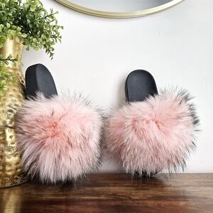Real Fox Fur Fuzzy Slippers Casual Flip Flop Sandals Pink Furry Slides